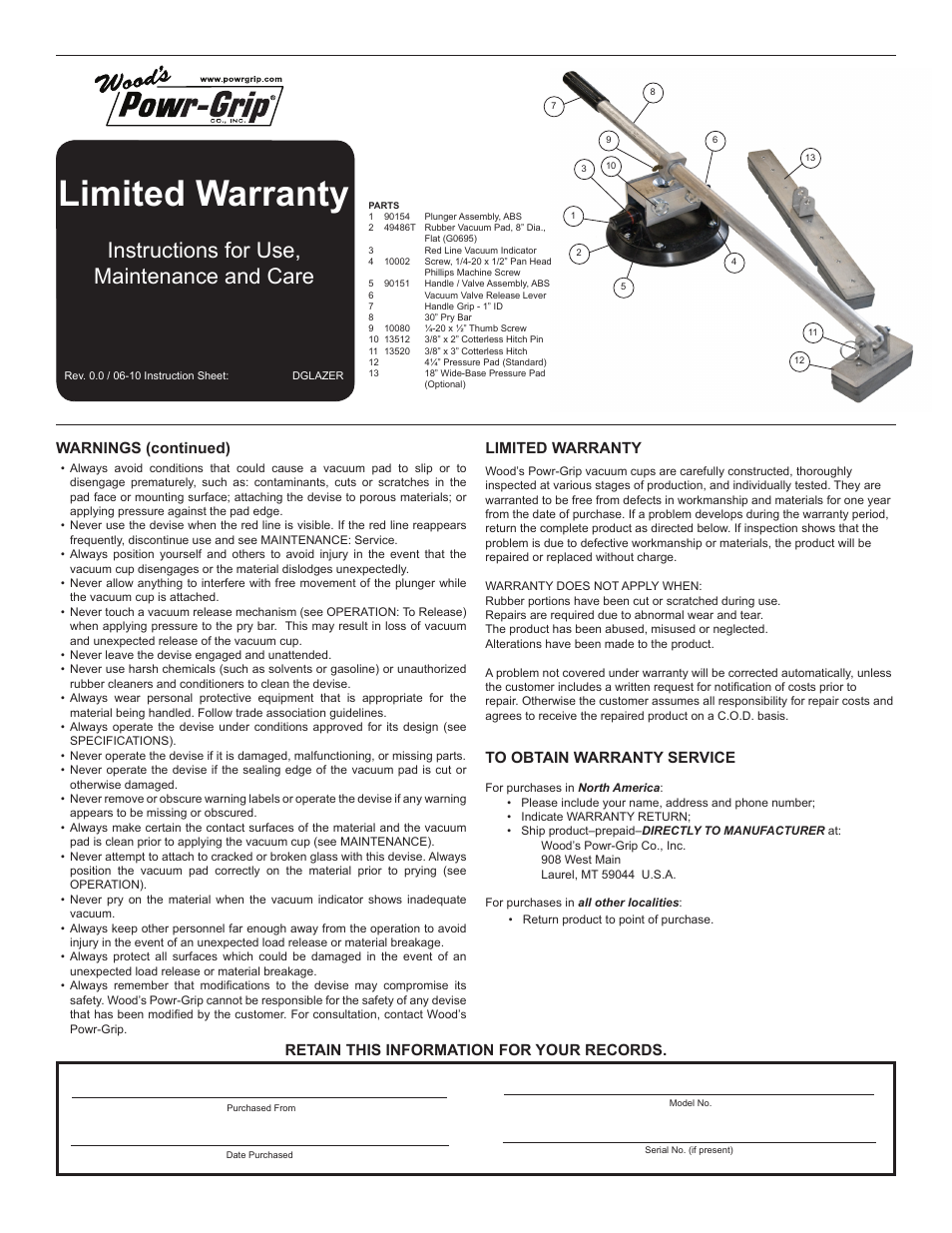 Limited warranty, Instructions for use, maintenance and care, Limited warranty to obtain warranty service | Retain this information for your records, Warnings (continued) | Wood’s Powr-Grip N4000DGT User Manual | Page 2 / 2