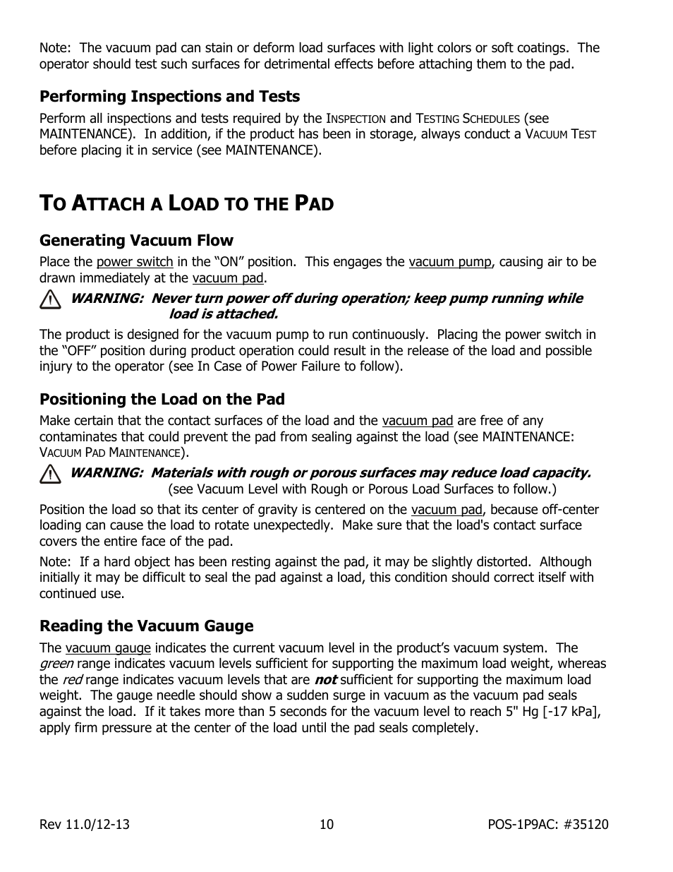 Performing inspections and tests, Ttach a, Oad to the | Generating vacuum flow, Positioning the load on the pad, Reading the vacuum gauge | Wood’s Powr-Grip POSF1P9AC User Manual | Page 12 / 25