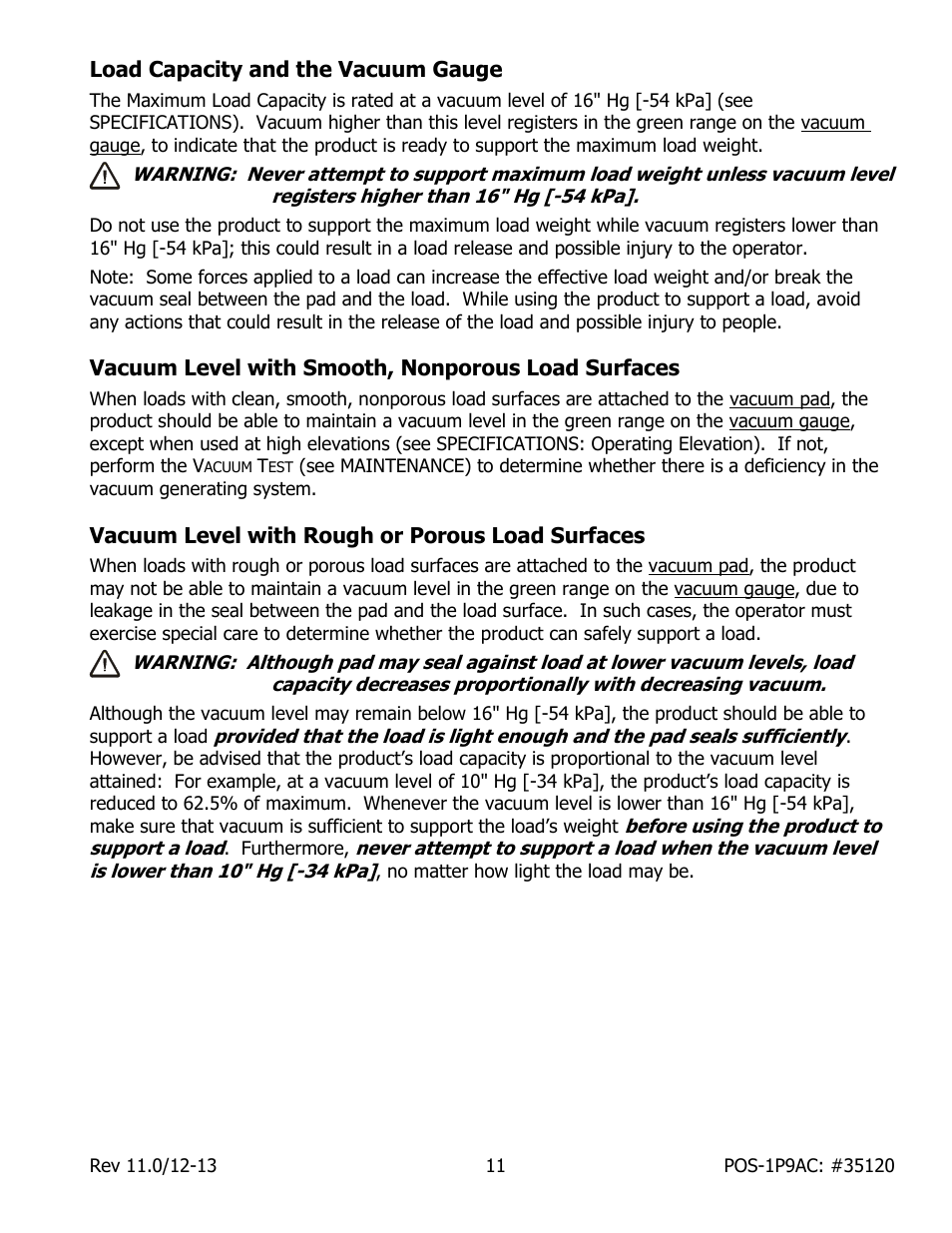 Load capacity and the vacuum gauge, Vacuum level with smooth, nonporous load surfaces, Vacuum level with rough or porous load surfaces | Wood’s Powr-Grip POSF1P9AC User Manual | Page 13 / 25
