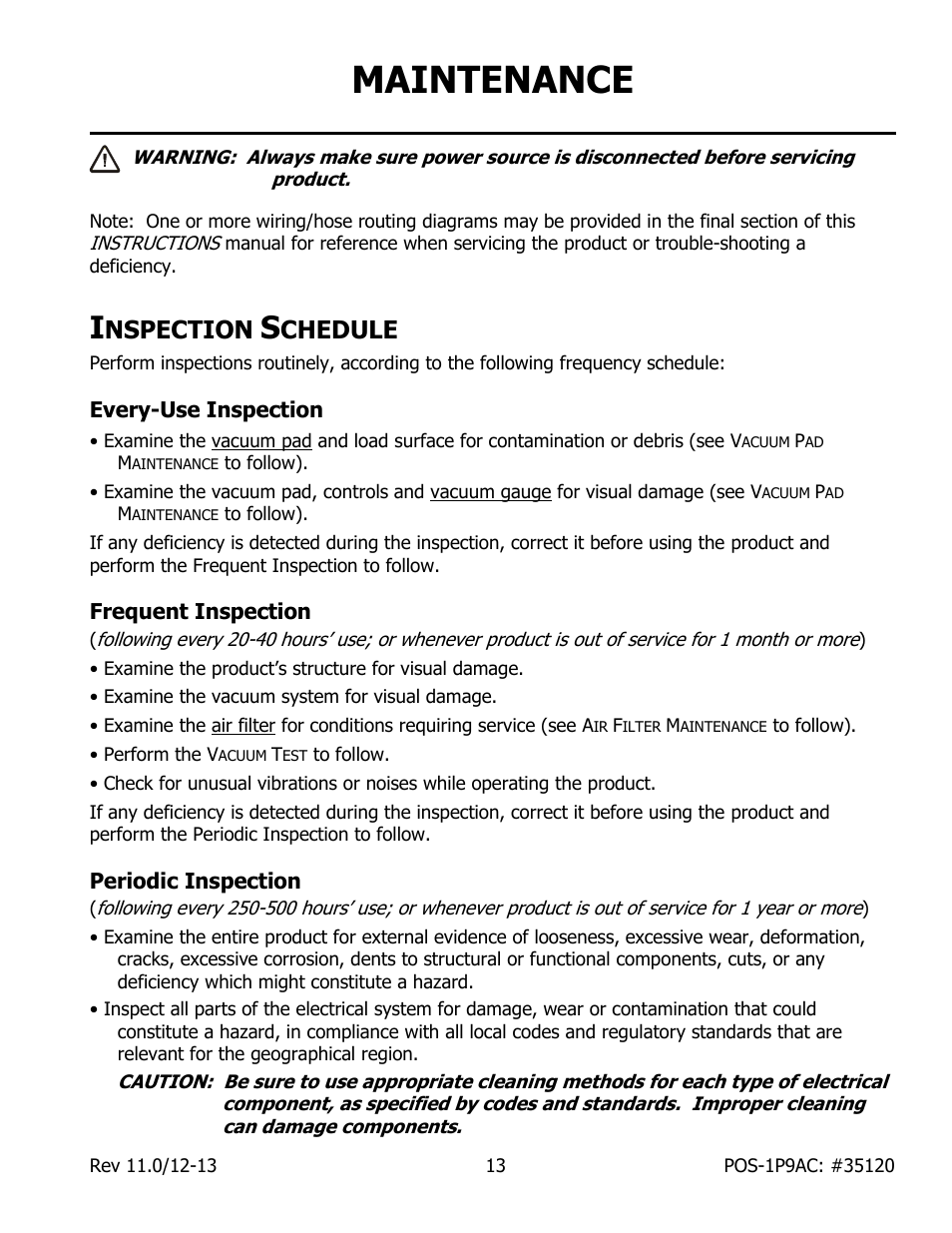 Maintenance, Nspection, Chedule | Every-use inspection, Frequent inspection, Periodic inspection | Wood’s Powr-Grip POSF1P9AC User Manual | Page 15 / 25