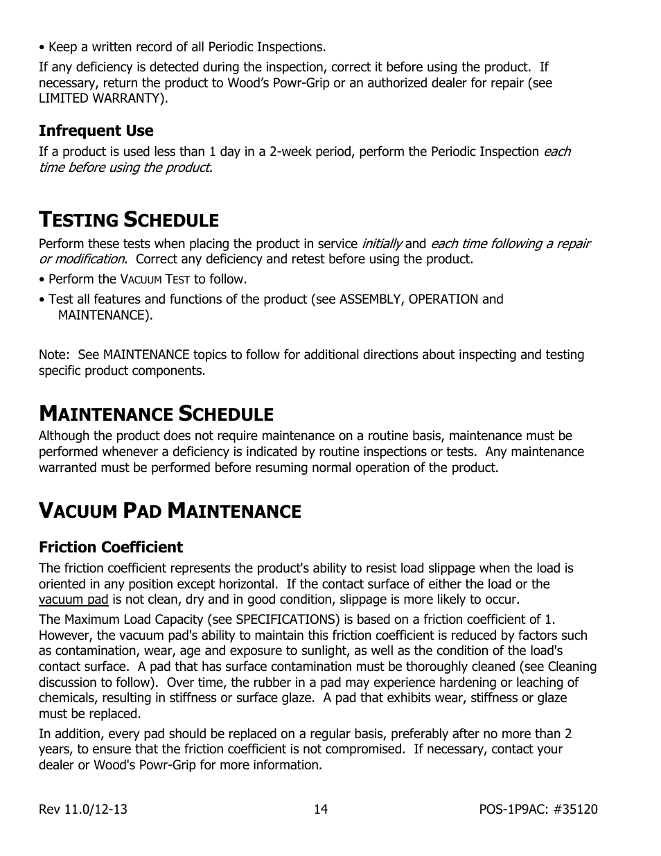 Infrequent use, Esting, Chedule | Aintenance, Acuum, Friction coefficient | Wood’s Powr-Grip POSF1P9AC User Manual | Page 16 / 25