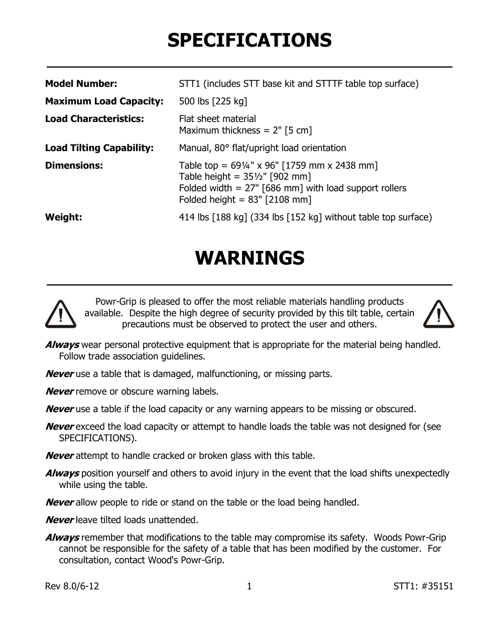 Specifications, Warnings | Wood’s Powr-Grip STT1 User Manual | Page 3 / 16