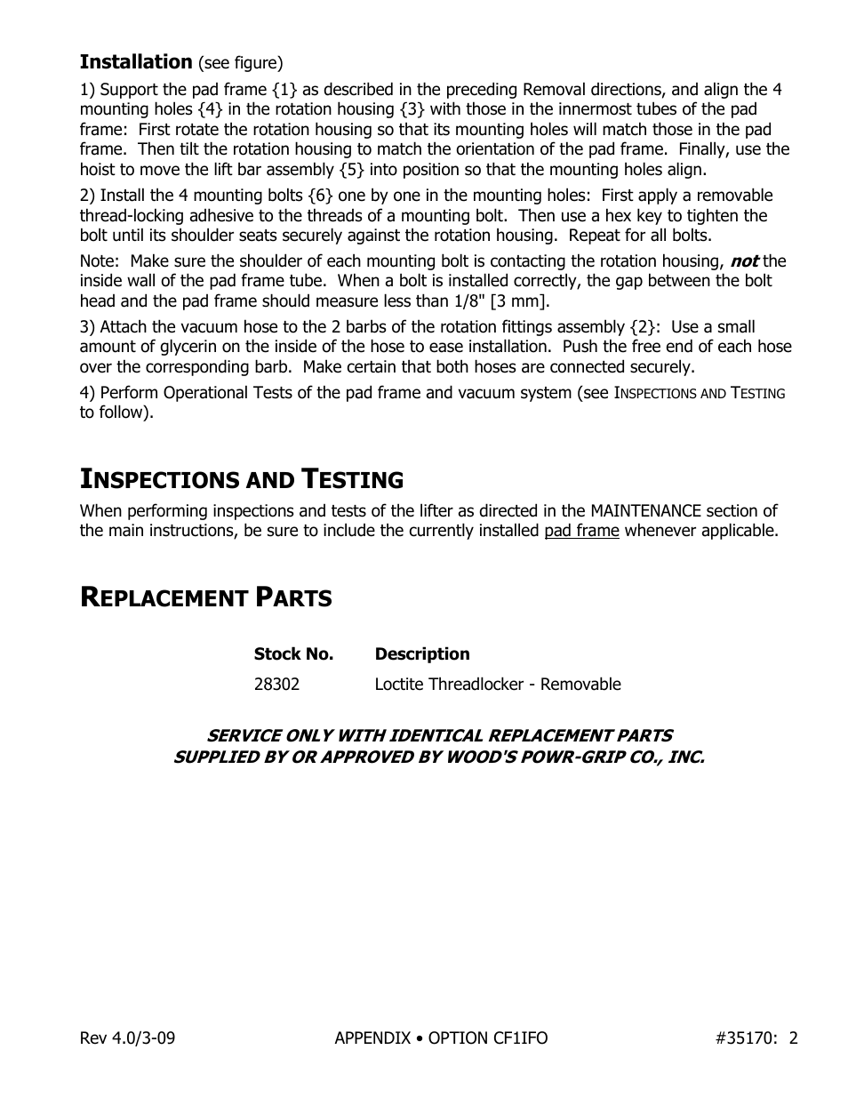 Nspections and, Esting, Eplacement | Arts | Wood’s Powr-Grip CF1IFO User Manual | Page 2 / 2