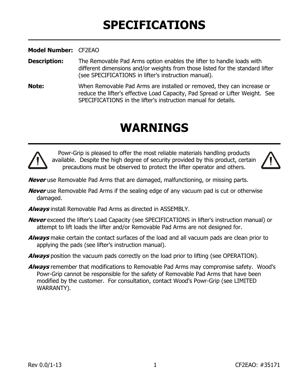 Specifications, Warnings | Wood’s Powr-Grip CF2EAO User Manual | Page 3 / 7