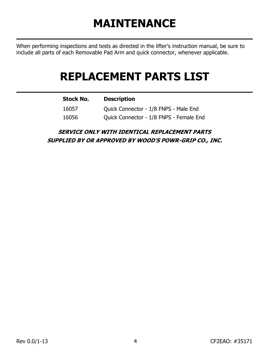 Maintenance, Replacement parts list | Wood’s Powr-Grip CF2EAO User Manual | Page 6 / 7