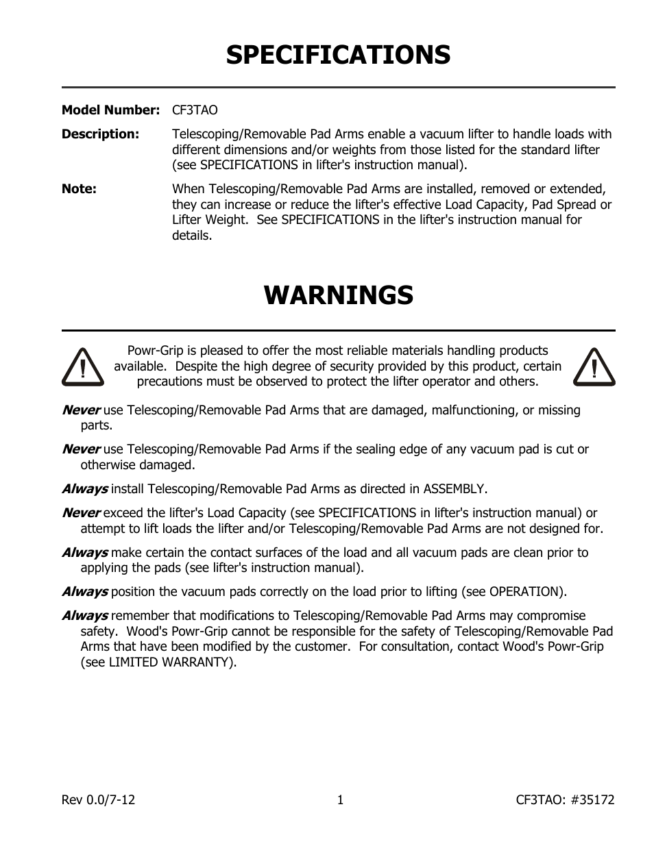 Specifications, Warnings | Wood’s Powr-Grip CF3TAO User Manual | Page 3 / 7