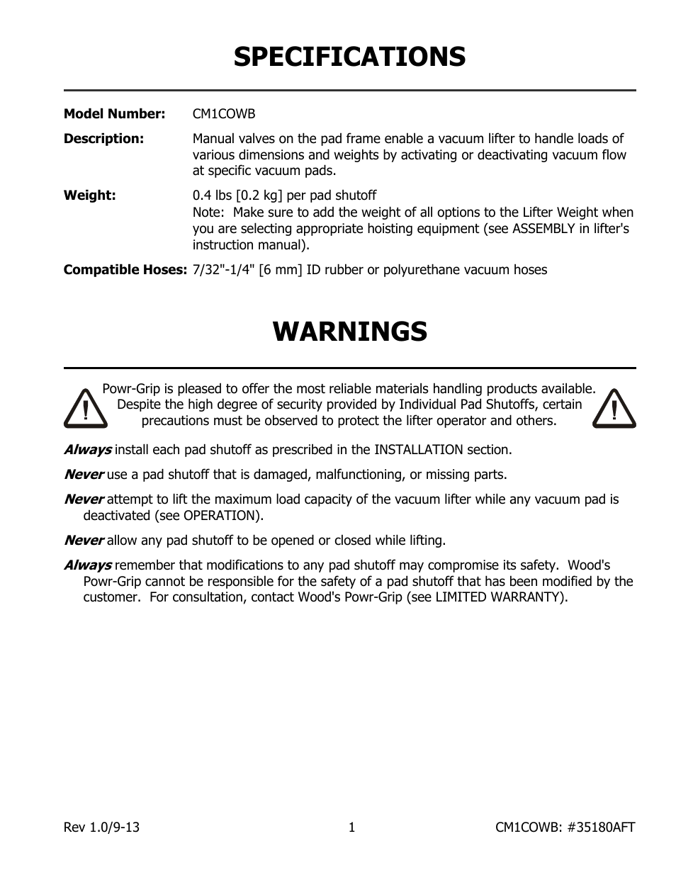 Specifications, Warnings | Wood’s Powr-Grip CM1COWB User Manual | Page 3 / 6