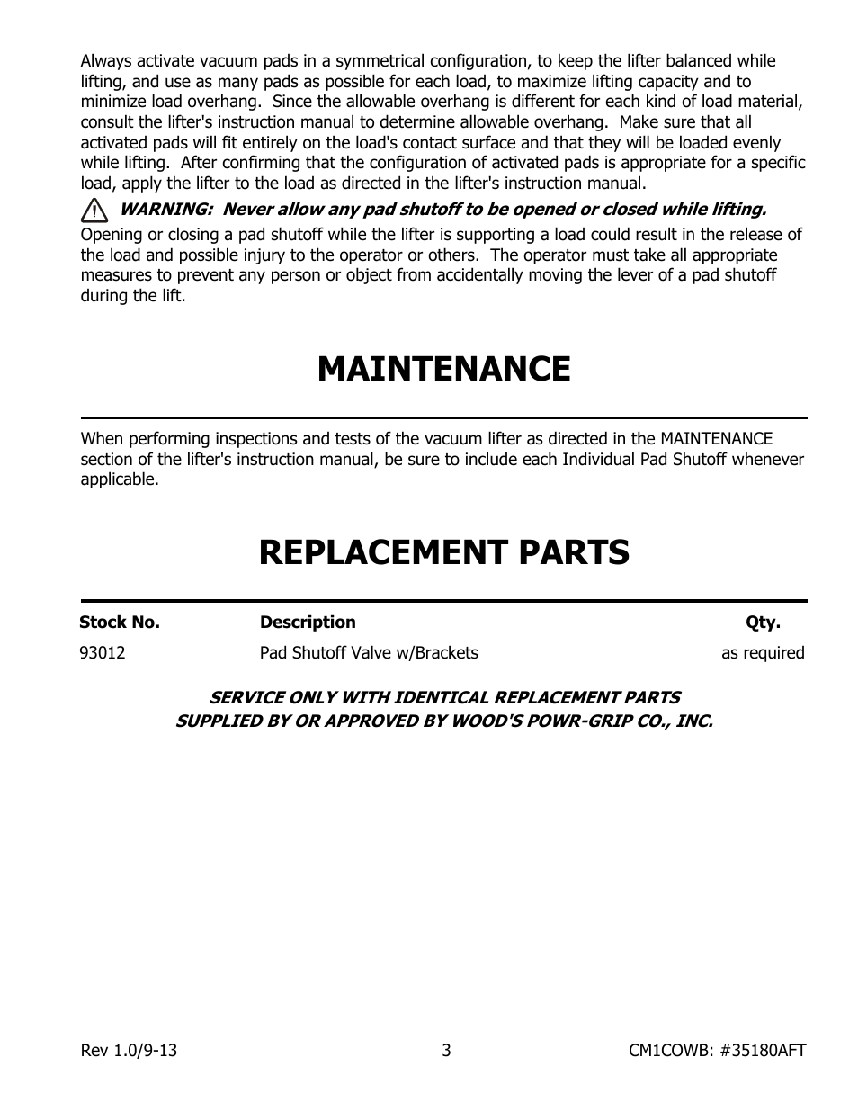 Maintenance, Replacement parts | Wood’s Powr-Grip CM1COWB User Manual | Page 5 / 6