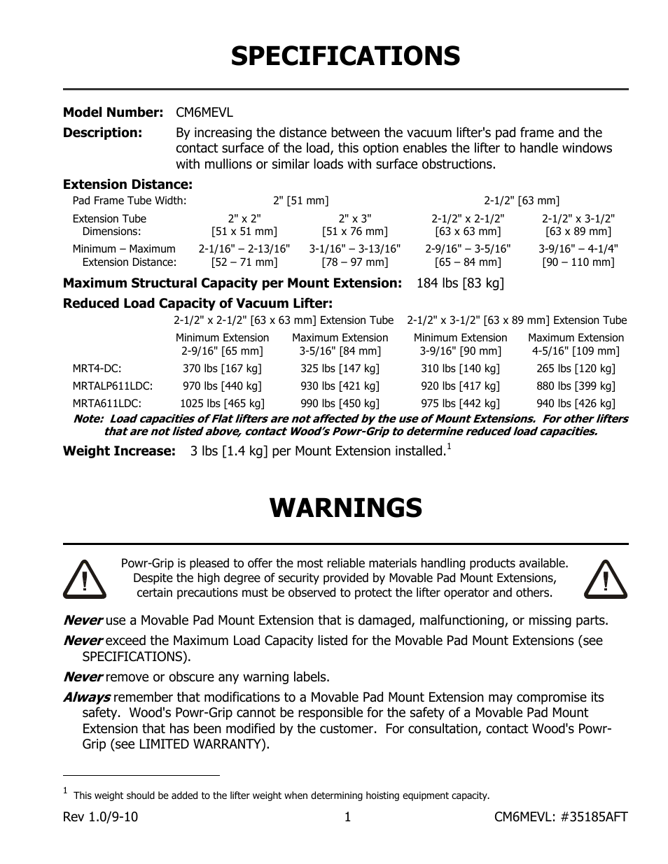 Specifications, Warnings | Wood’s Powr-Grip CM6MEVL User Manual | Page 3 / 6