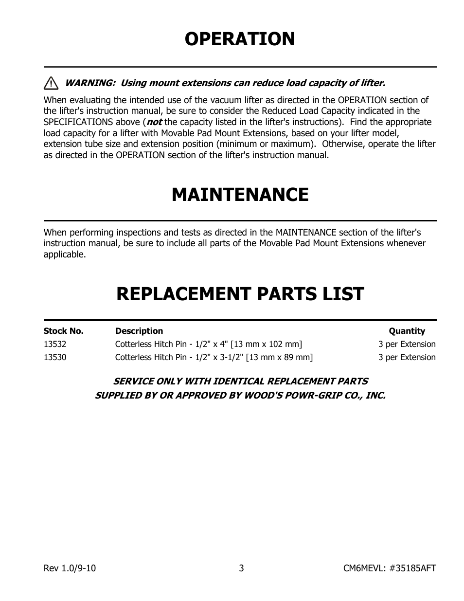 Operation, Maintenance, Replacement parts list | Wood’s Powr-Grip CM6MEVL User Manual | Page 5 / 6