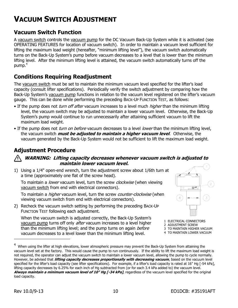 Acuum, Witch, Djustment | Vacuum switch function, Conditions requiring readjustment, Adjustment procedure | Wood’s Powr-Grip EO1DCB User Manual | Page 12 / 17