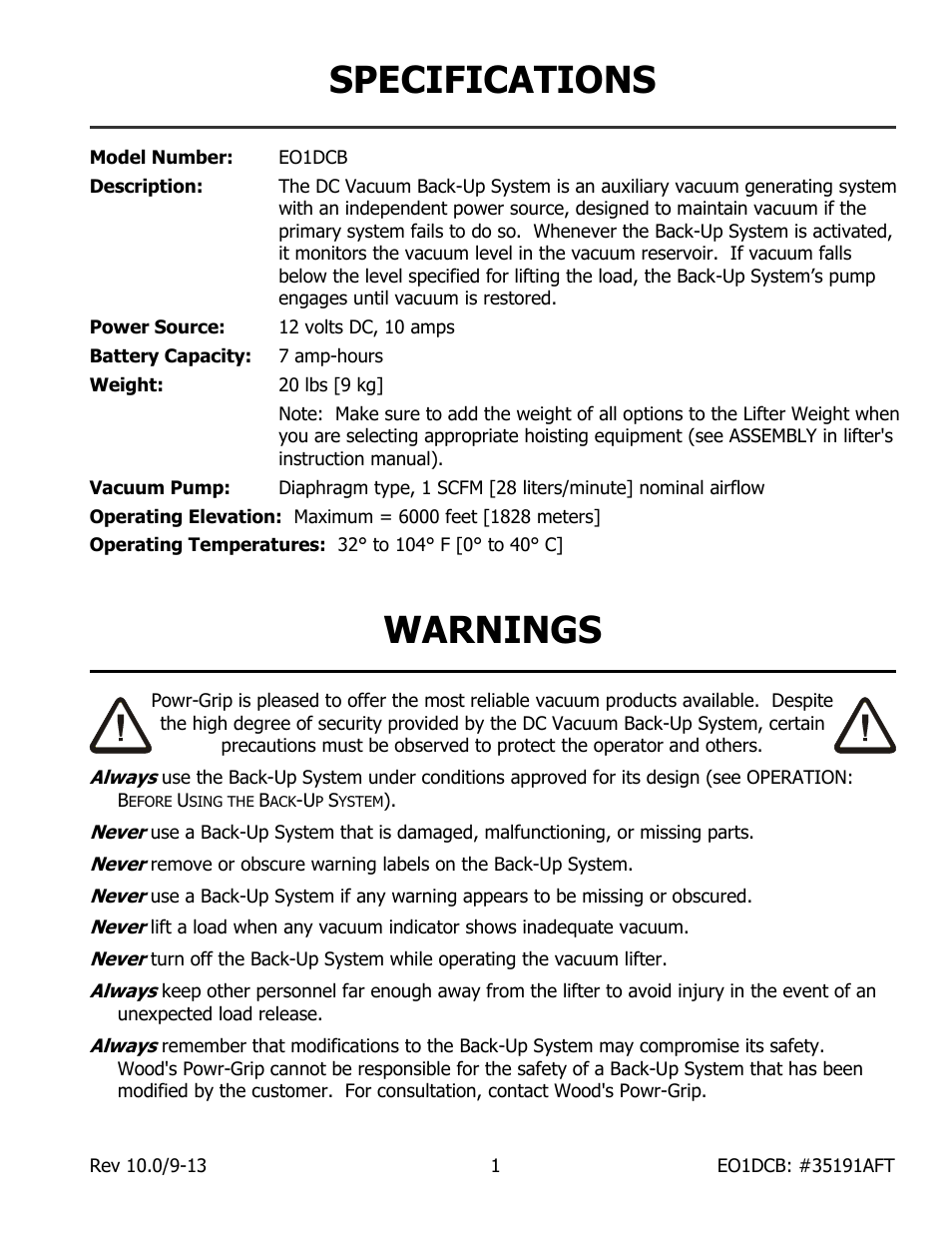 Specifications, Warnings | Wood’s Powr-Grip EO1DCB User Manual | Page 3 / 17