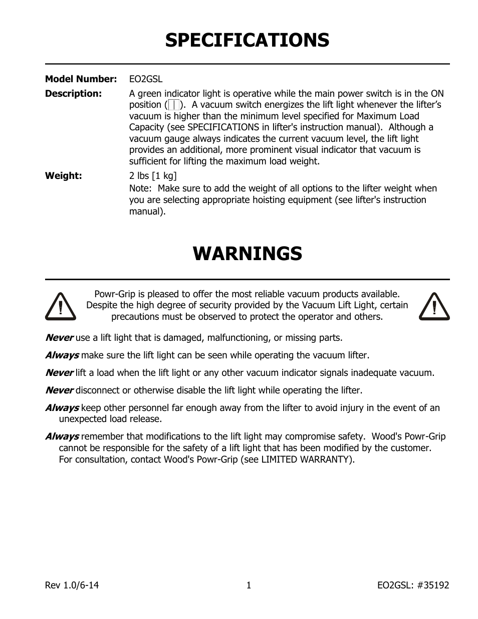 Specifications, Warnings | Wood’s Powr-Grip EO2GSL User Manual | Page 3 / 10