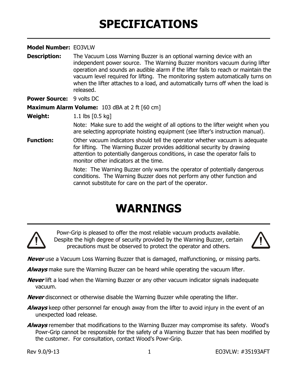 Specifications, Warnings | Wood’s Powr-Grip EO3VLW User Manual | Page 3 / 13