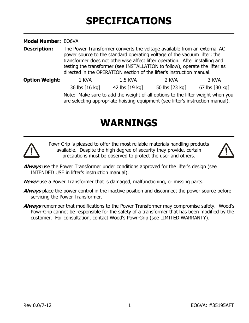 Specifications, Warnings | Wood’s Powr-Grip EO6VA User Manual | Page 3 / 7