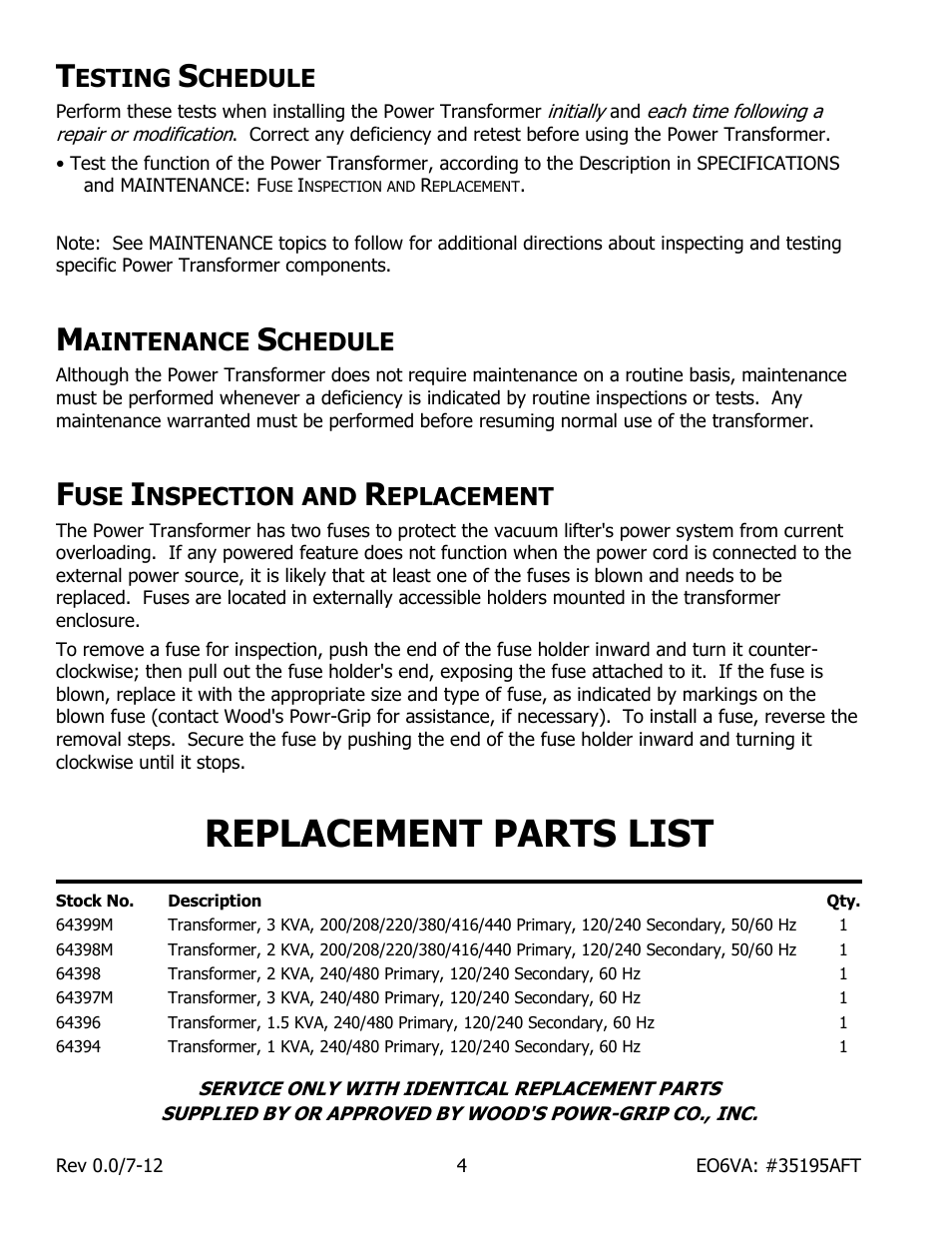 Replacement parts list, Esting, Chedule | Aintenance, Nspection and, Eplacement | Wood’s Powr-Grip EO6VA User Manual | Page 6 / 7