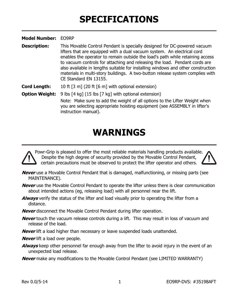 Specifications, Warnings | Wood’s Powr-Grip EO9RP User Manual | Page 3 / 9