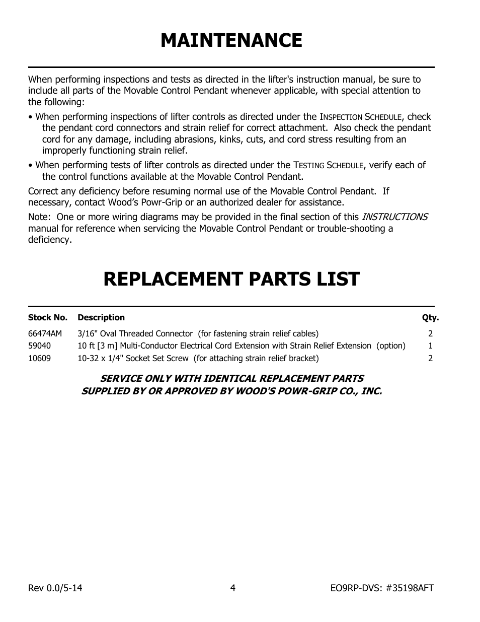 Maintenance, Replacement parts list | Wood’s Powr-Grip EO9RP User Manual | Page 6 / 9