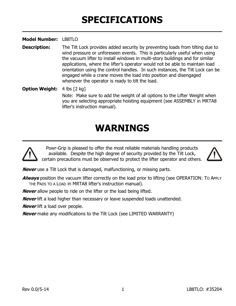 Specifications, Warnings | Wood’s Powr-Grip LB8TLO User Manual | Page 3 / 8