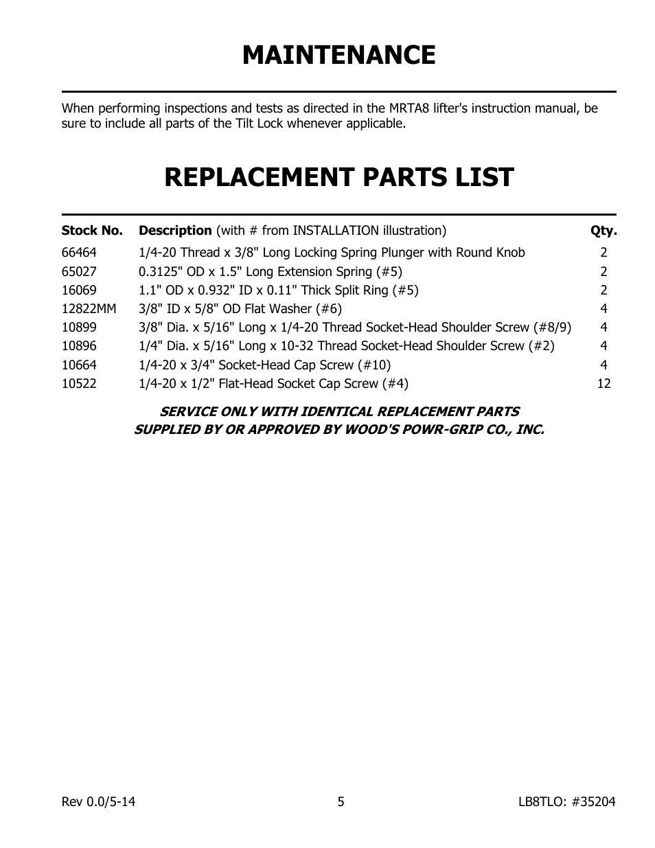 Maintenance, Replacement parts list | Wood’s Powr-Grip LB8TLO User Manual | Page 7 / 8