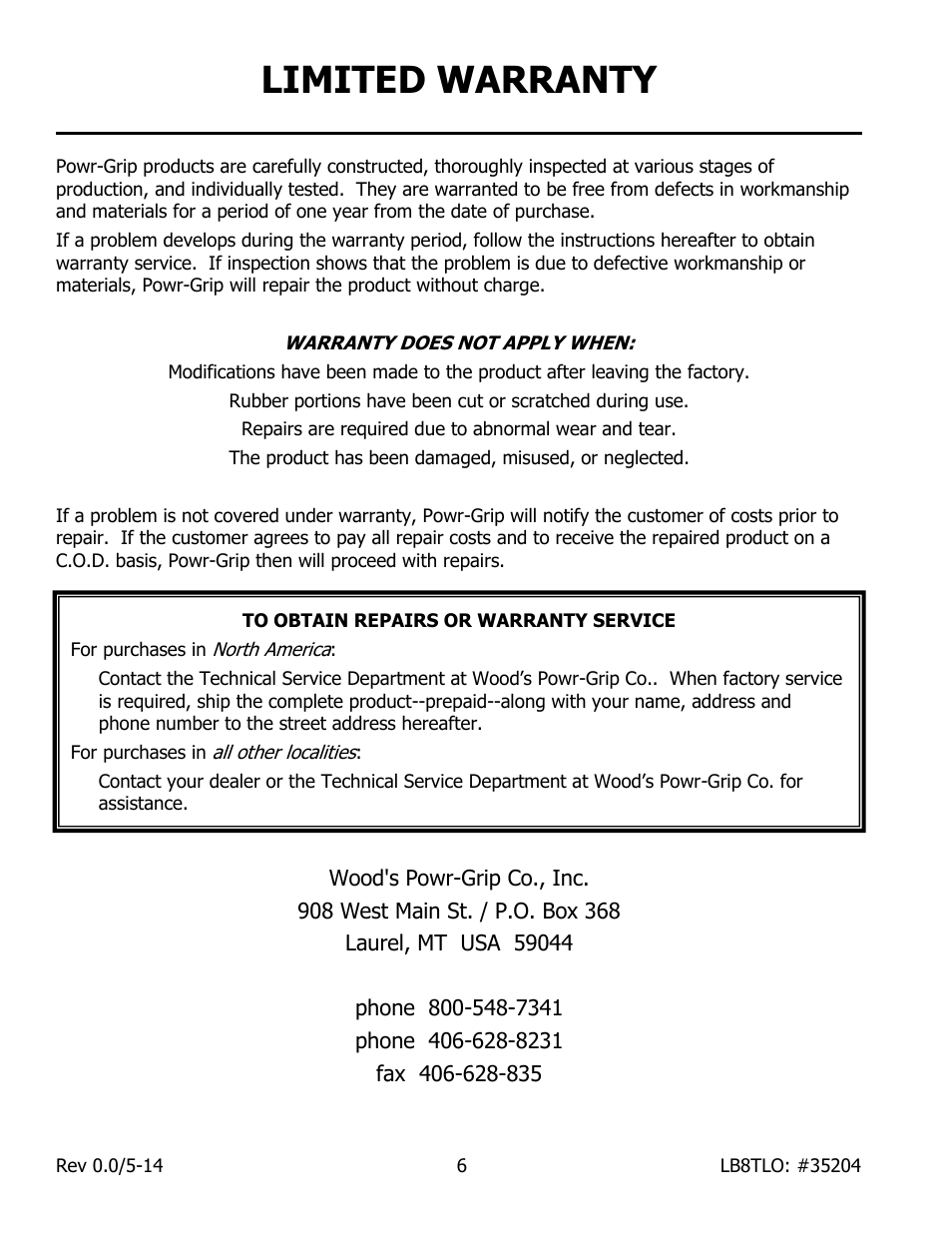 Limited warranty | Wood’s Powr-Grip LB8TLO User Manual | Page 8 / 8
