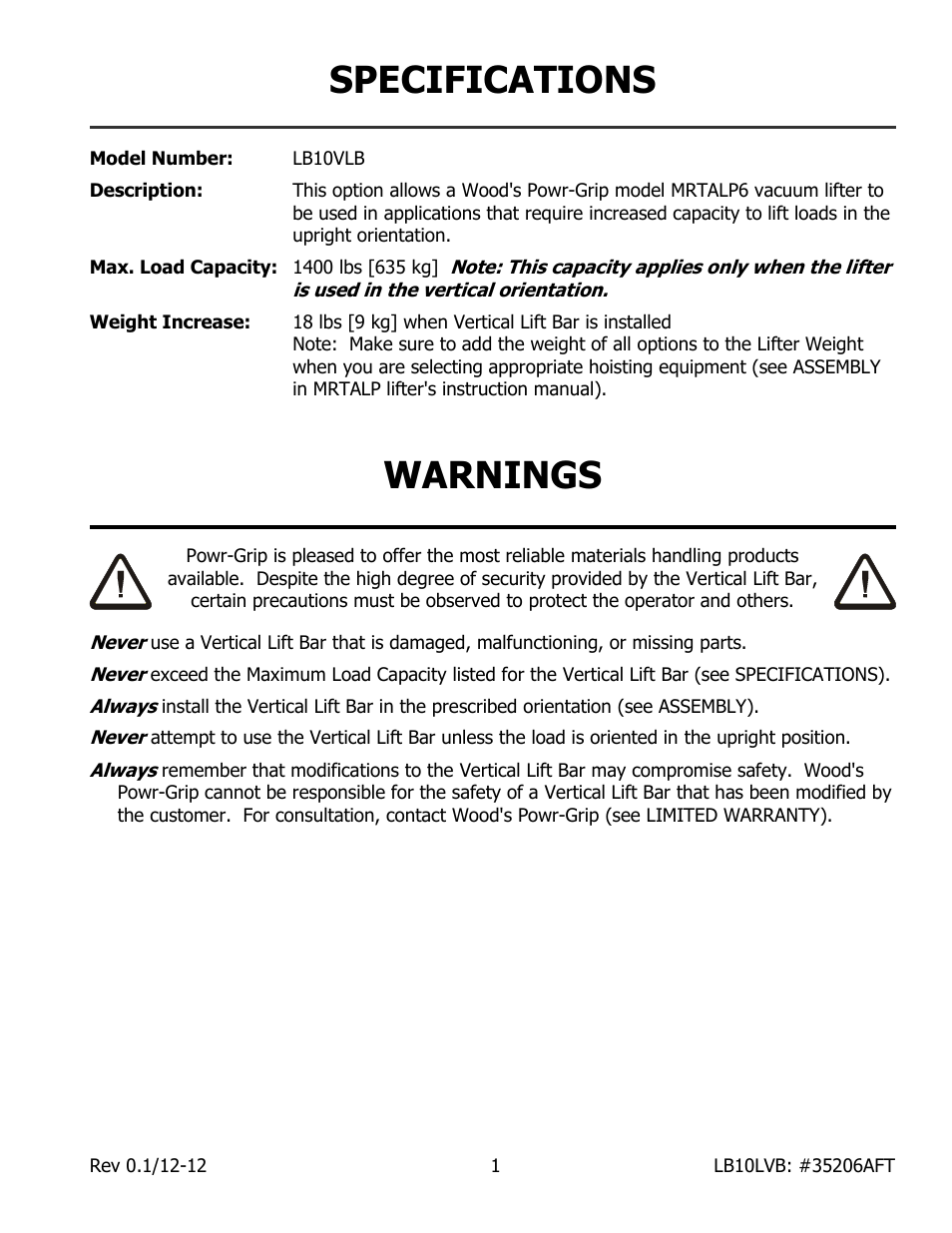 Specifications, Warnings | Wood’s Powr-Grip LB10VLB User Manual | Page 3 / 6