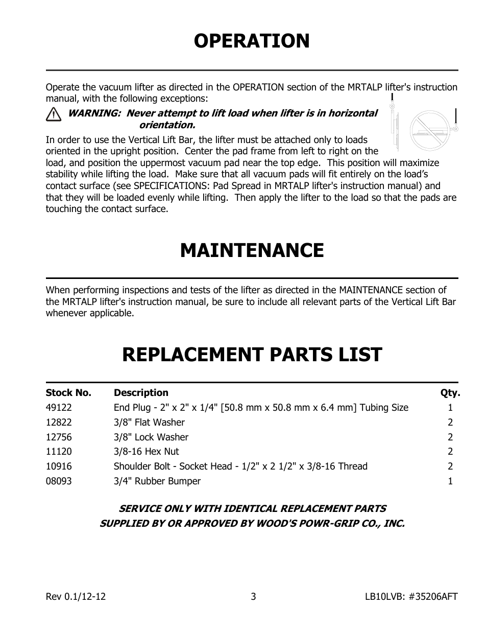 Operation, Maintenance, Replacement parts list | Wood’s Powr-Grip LB10VLB User Manual | Page 5 / 6