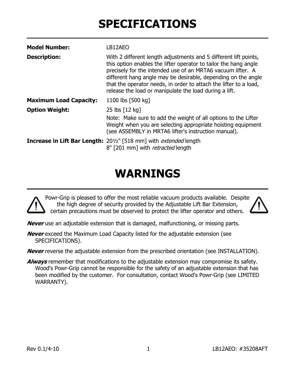 Specifications, Warnings | Wood’s Powr-Grip LB12AEO User Manual | Page 3 / 7