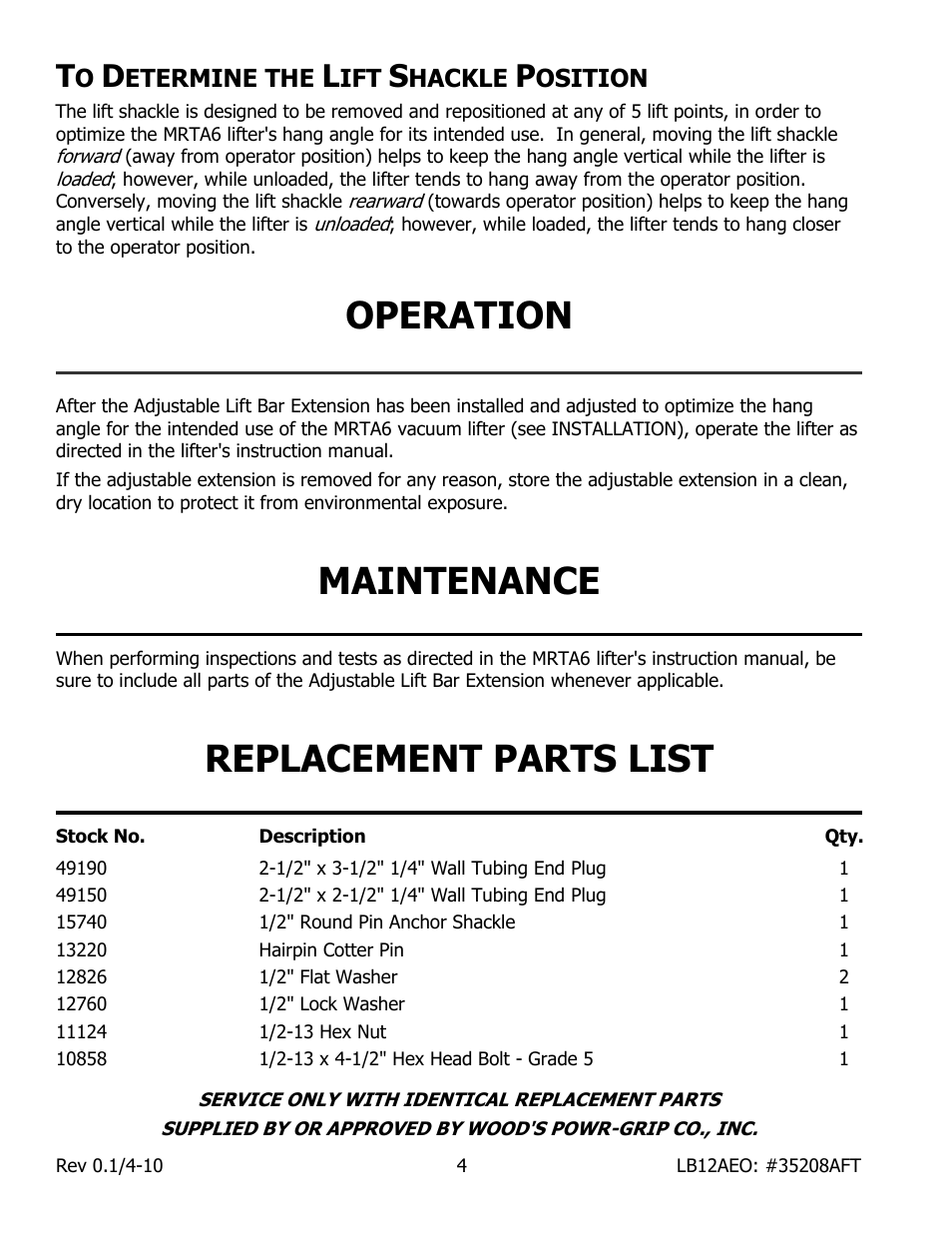 Operation, Maintenance, Replacement parts list | Wood’s Powr-Grip LB12AEO User Manual | Page 6 / 7