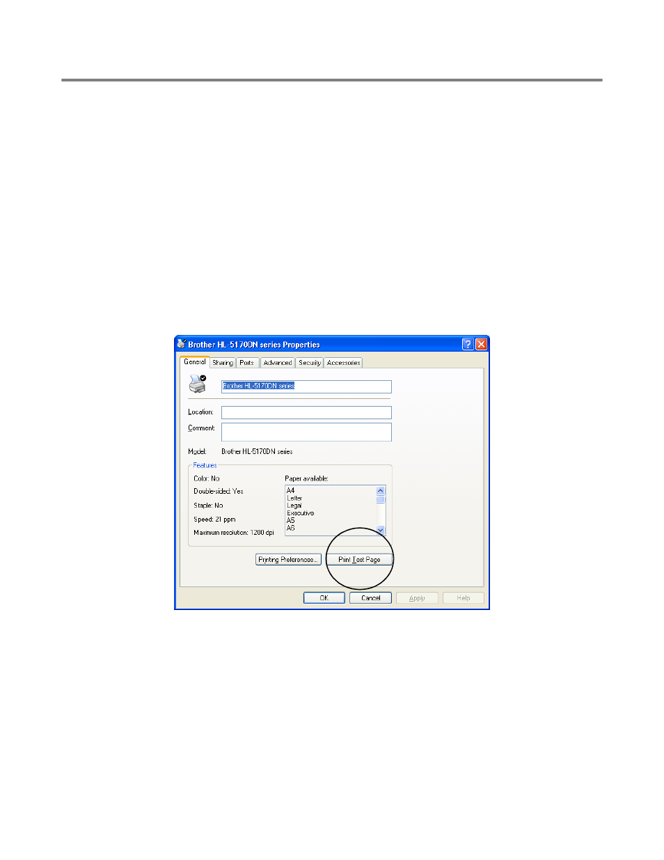 Using control panel button, Using the printer driver, Print a test page | Brother HL-5150D User Manual | Page 84 / 143