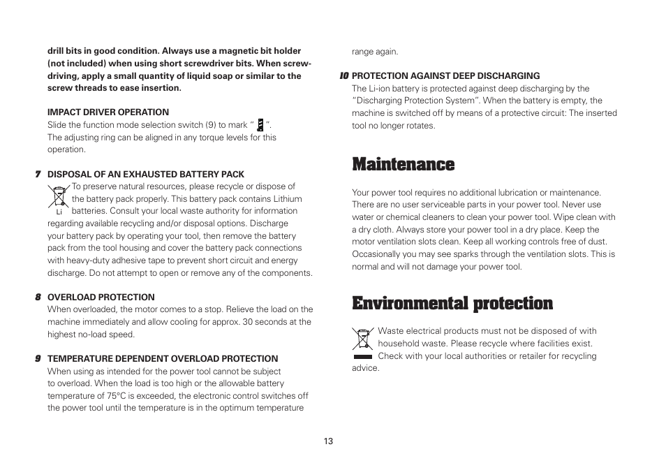 Maintenance, Environmental protection | WORX WU288 12V 1.3 Ah Lithium Ion 3 in 1 Impact Driver User Manual | Page 13 / 16