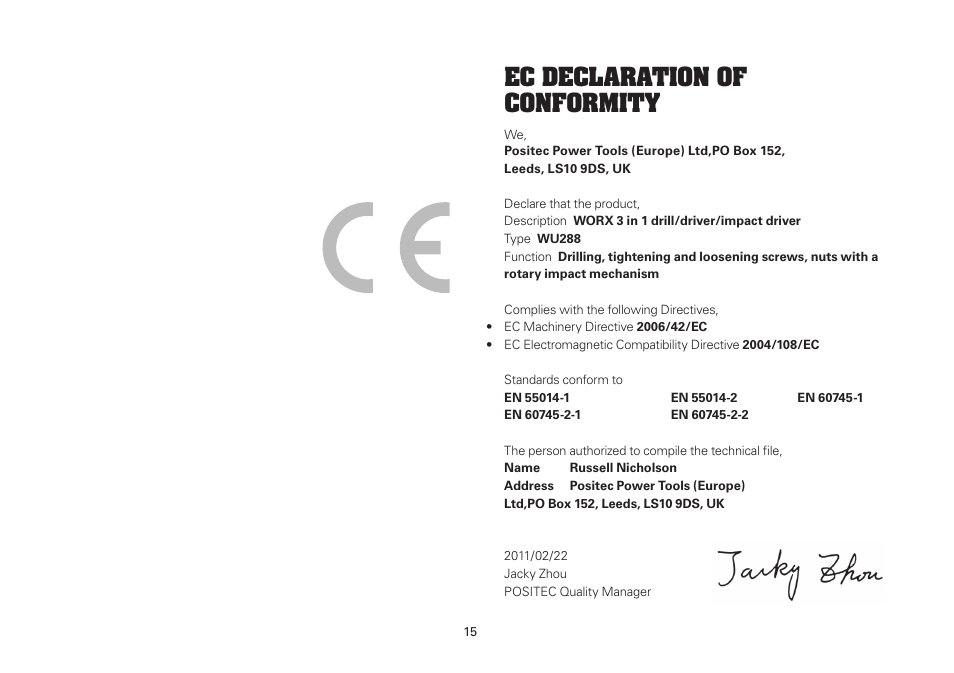 Ec declaration of conformity | WORX WU288 12V 1.3 Ah Lithium Ion 3 in 1 Impact Driver User Manual | Page 15 / 16