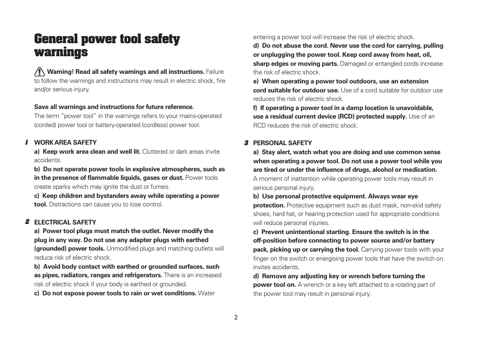 General power tool safety warnings | WORX WU288 12V 1.3 Ah Lithium Ion 3 in 1 Impact Driver User Manual | Page 2 / 16