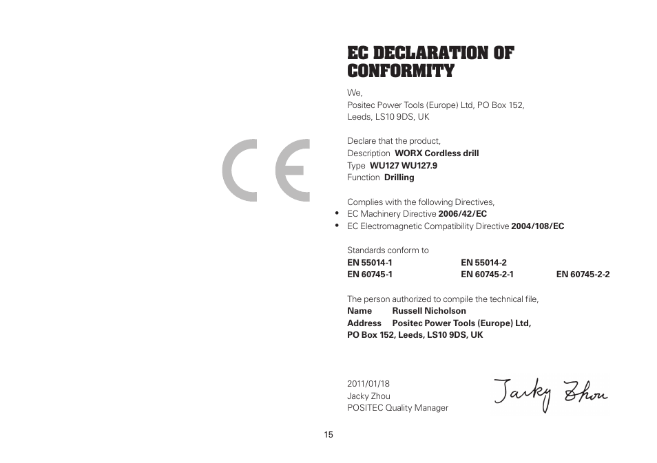 Ec declaration of conformity | WORX WU127 12V 1.3 Ah Lithium Ion Cordless Drill/ Driver User Manual | Page 15 / 16