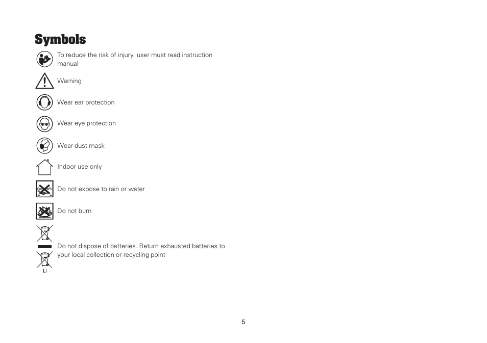 Symbols | WORX WU127 12V 1.3 Ah Lithium Ion Cordless Drill/ Driver User Manual | Page 5 / 16