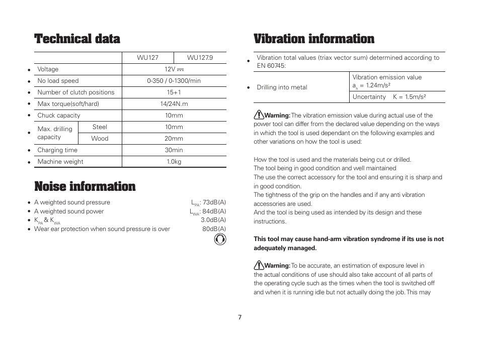 Technical data, Noise information, Vibration information | WORX WU127 12V 1.3 Ah Lithium Ion Cordless Drill/ Driver User Manual | Page 7 / 16