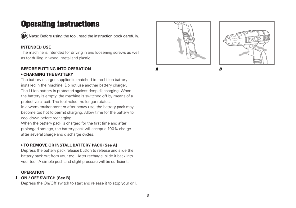 Operating instructions | WORX WU127 12V 1.3 Ah Lithium Ion Cordless Drill/ Driver User Manual | Page 9 / 16