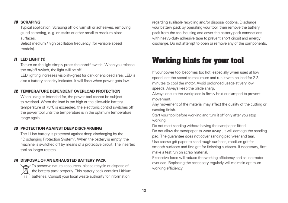 Working hints for your tool | WORX WU675 12V 1.3 Ah Lithium Ion Sonicrafter User Manual | Page 13 / 16