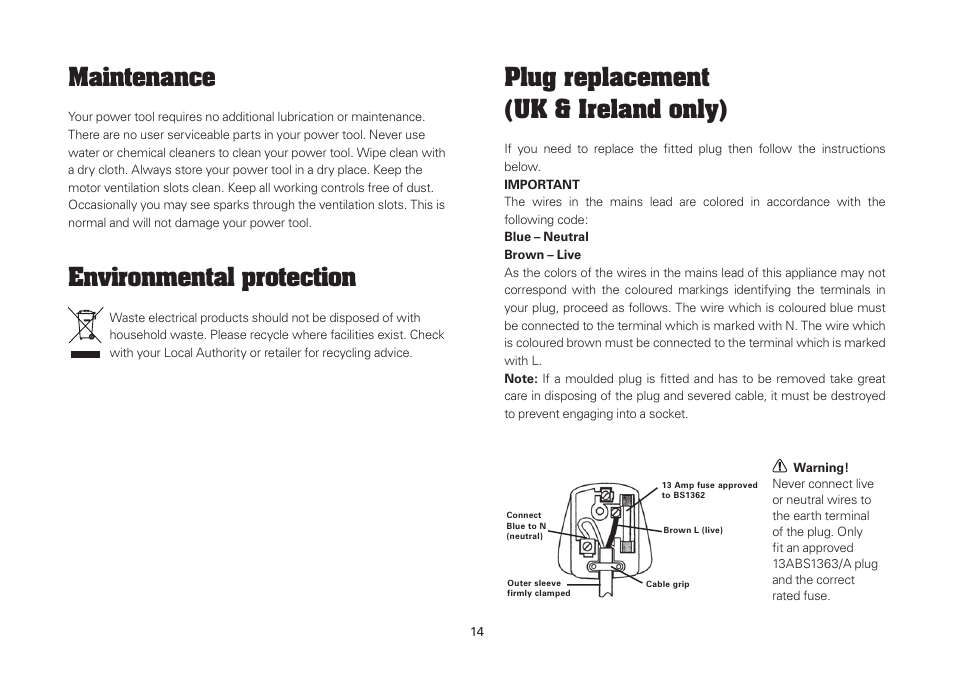 Maintenance, Environmental protection, Plug replacement (uk & ireland only) | WORX WU675 12V 1.3 Ah Lithium Ion Sonicrafter User Manual | Page 14 / 16