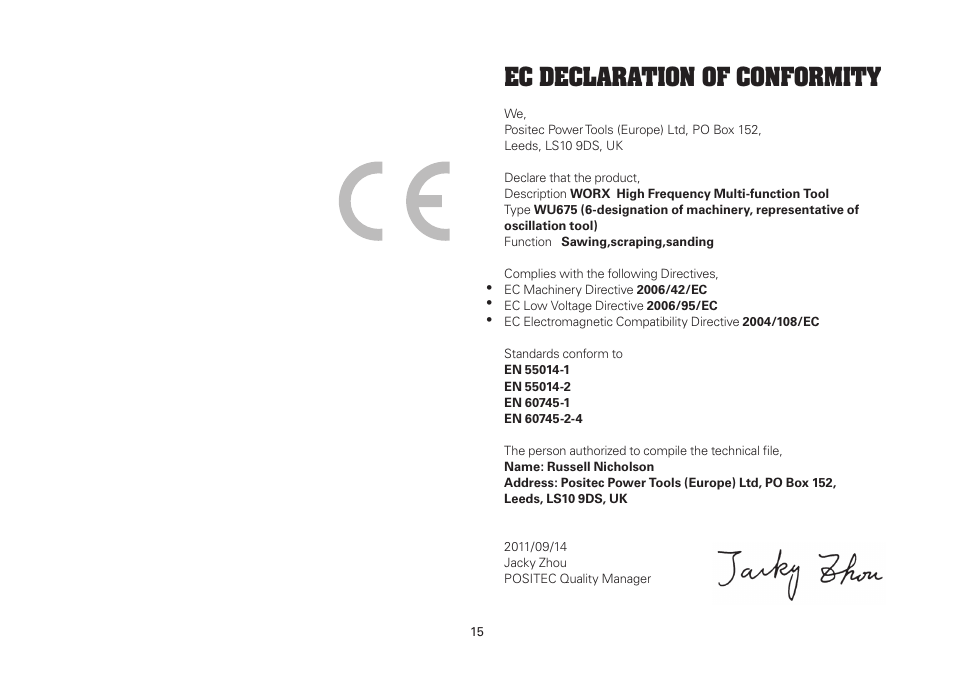 Ec declaration of conformity | WORX WU675 12V 1.3 Ah Lithium Ion Sonicrafter User Manual | Page 15 / 16