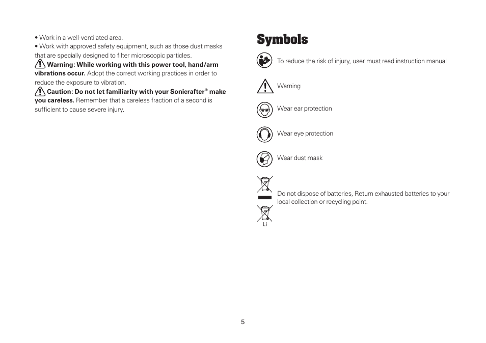 Symbols | WORX WU675 12V 1.3 Ah Lithium Ion Sonicrafter User Manual | Page 5 / 16