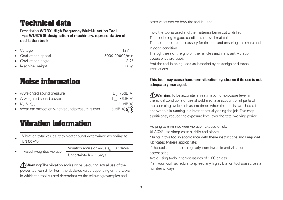 Technical data, Noise information, Vibration information | WORX WU675 12V 1.3 Ah Lithium Ion Sonicrafter User Manual | Page 7 / 16