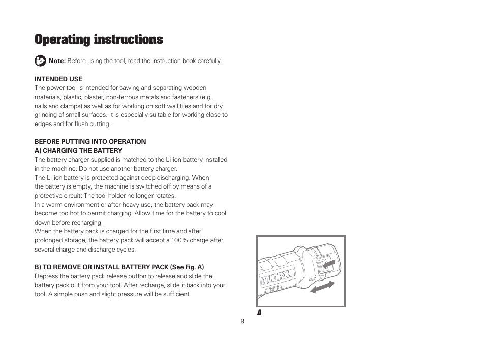 Operating instructions | WORX WU675 12V 1.3 Ah Lithium Ion Sonicrafter User Manual | Page 9 / 16