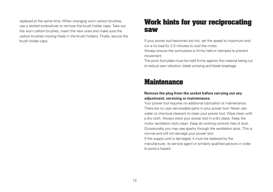 Work hints for your reciprocating saw, Maintenance | WORX WU407 1400W vibrafree Reciprocating Saw 240V User Manual | Page 13 / 16