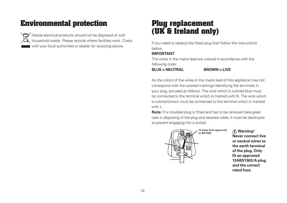 Environmental protection, Plug replacement (uk & ireland only) | WORX WU407 1400W vibrafree Reciprocating Saw 240V User Manual | Page 14 / 16