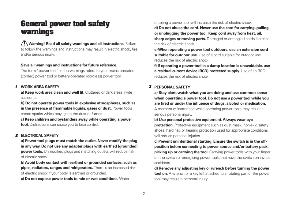 General power tool safety warnings | WORX WU407 1400W vibrafree Reciprocating Saw 240V User Manual | Page 2 / 16