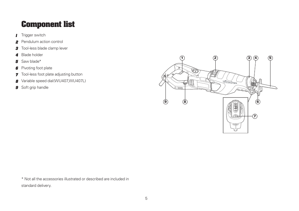 Component list | WORX WU407 1400W vibrafree Reciprocating Saw 240V User Manual | Page 5 / 16