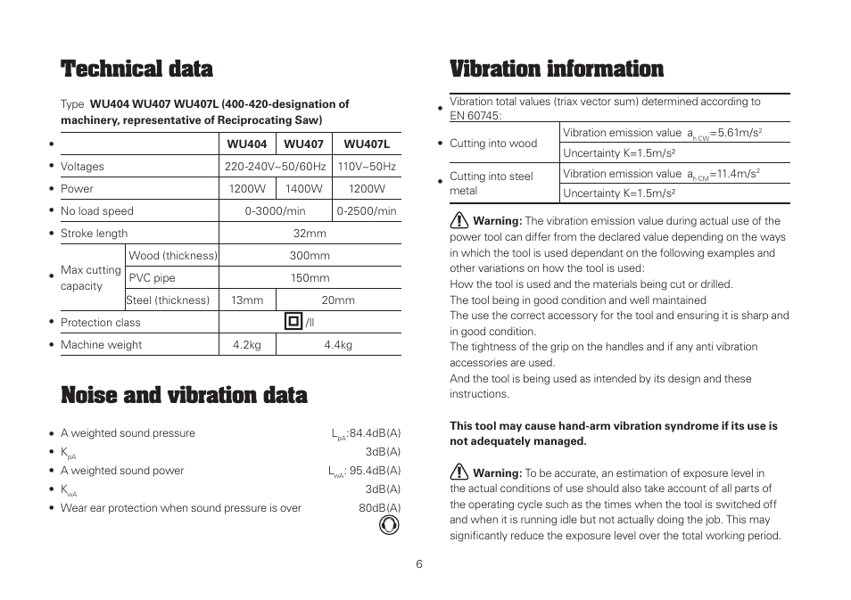 Technical data, Noise and vibration data, Vibration information | WORX WU407 1400W vibrafree Reciprocating Saw 240V User Manual | Page 6 / 16