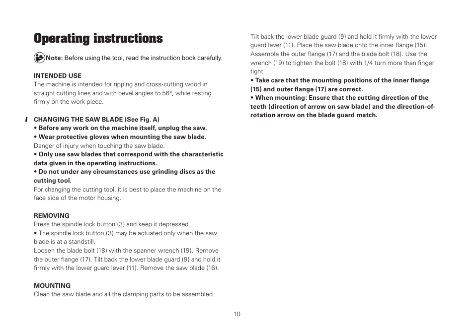 Operating instructions | WORX WU434.1 1500W 190mm Circular Saw 240V User Manual | Page 10 / 16