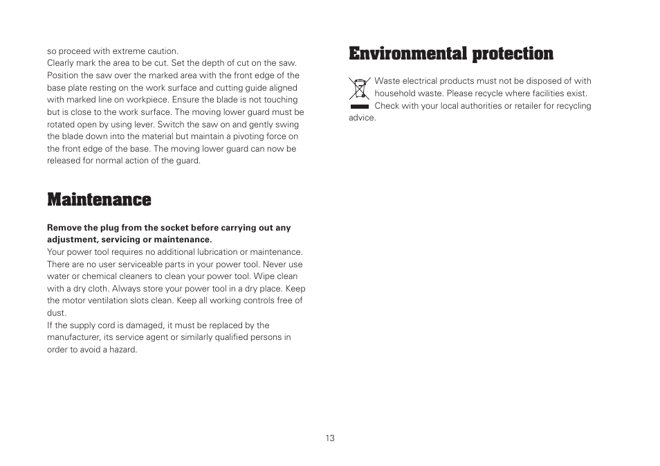 Maintenance, Environmental protection | WORX WU434.1 1500W 190mm Circular Saw 240V User Manual | Page 13 / 16